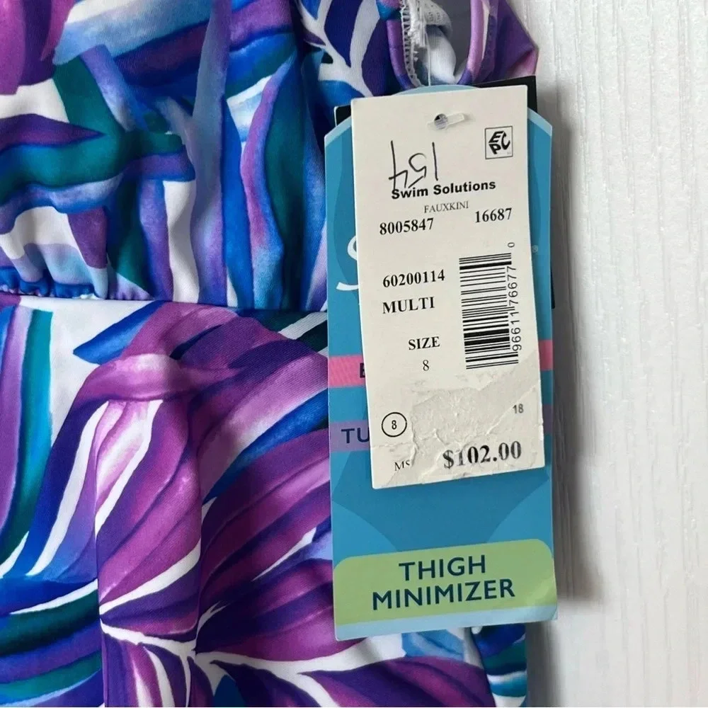Swim Solutions OnePiece Swimsuit Multicolor Thigh Minimizer Tummy Control Size 8 - Picture 3 of 9